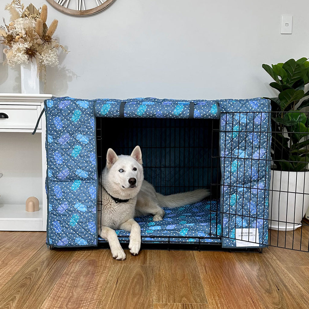 Cartoon Dog Crate Cover, Teddy Bears and Toys with Letters on Imagery Blue  Background, Easy to Use Pet Kennel Cover for Medium Large Dogs, 35 x 23 x  27, Pale Blue Aqua